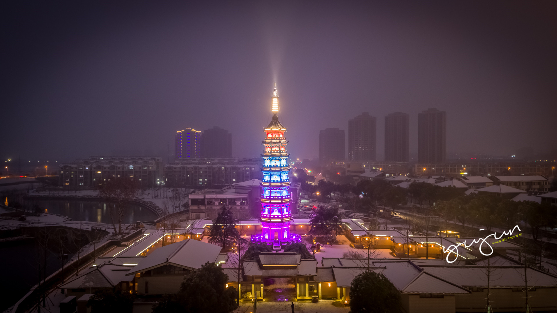 俯瞰溧水初雪vr全景,航拍视频,图片